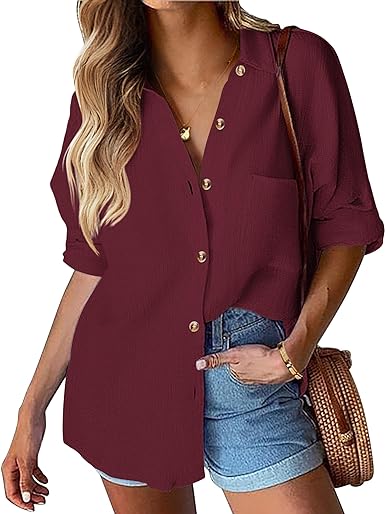 Womens Cotton Button Down Shirt Casual Long Sleeve Loose Fit Collared Linen Work Blouse Tops with Pocket